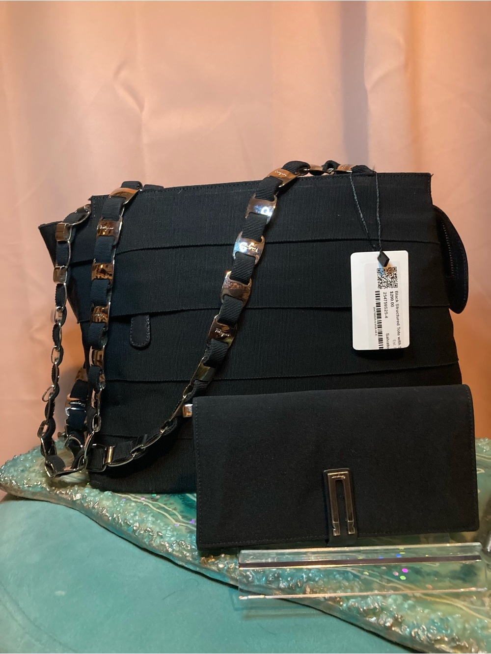 Salvatore Ferragamo Black Chain-Accent Shoulder Bag with Matching Wallet